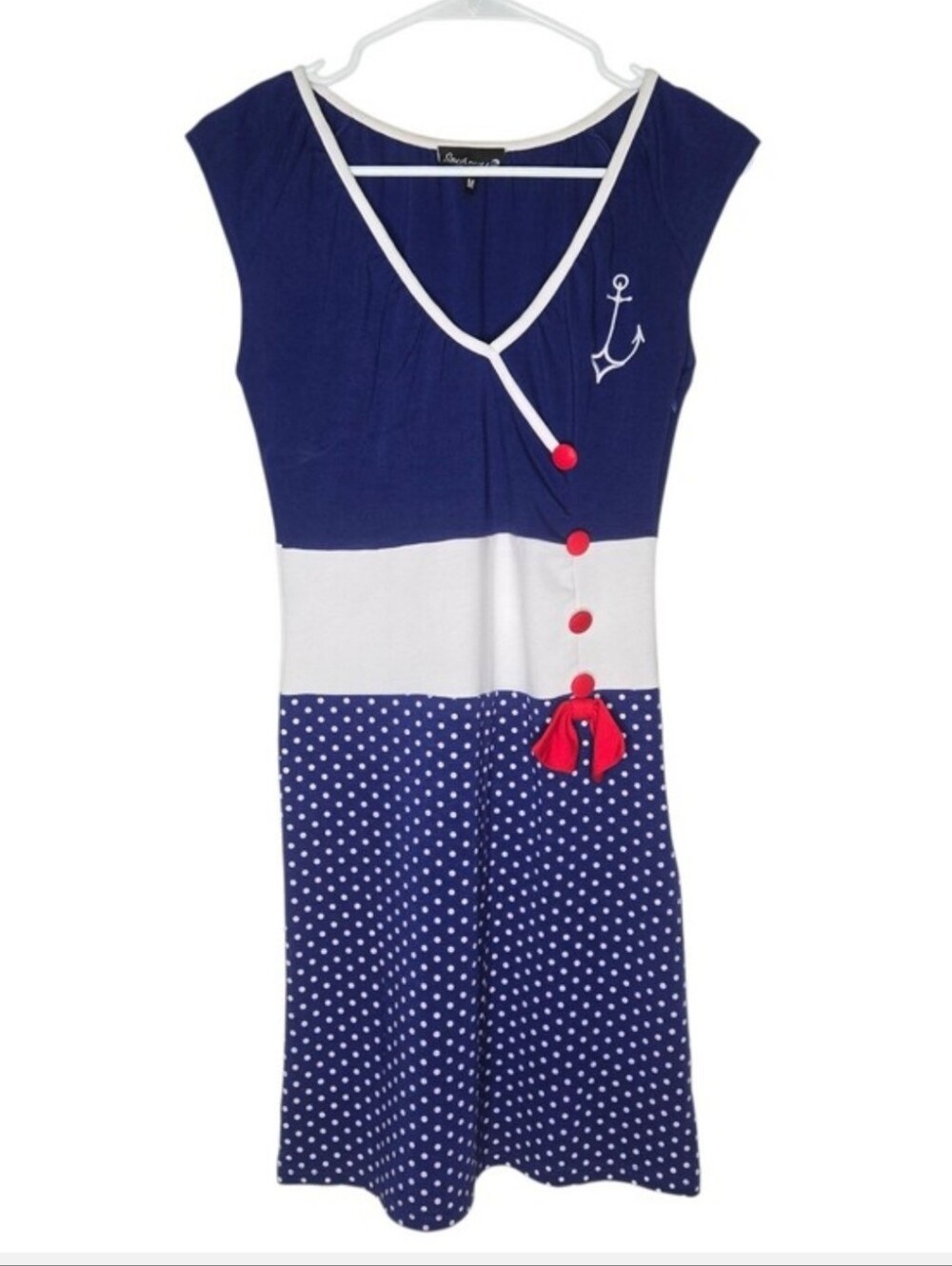 Sourpuss Blue White Red Polka Dot Sailor Dress Size Medium